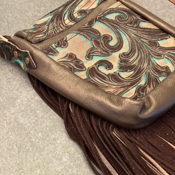 Metallic bronze and accents in turquoise and brown embossed crossbody purse - Picture 5 of 15